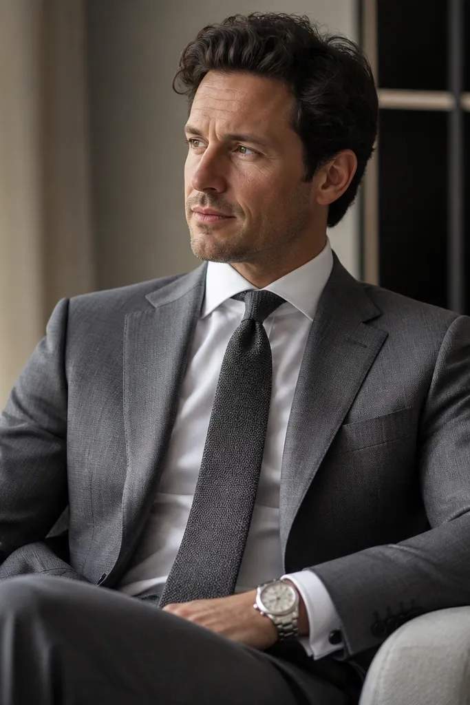 A gray suit with a white dress shirt, a tie in a soft gray or dark slate with a subtle weave, and a silver wristwatch visible near the cuff. The cuff shows a small amount of shirt above the jacket sleeve.