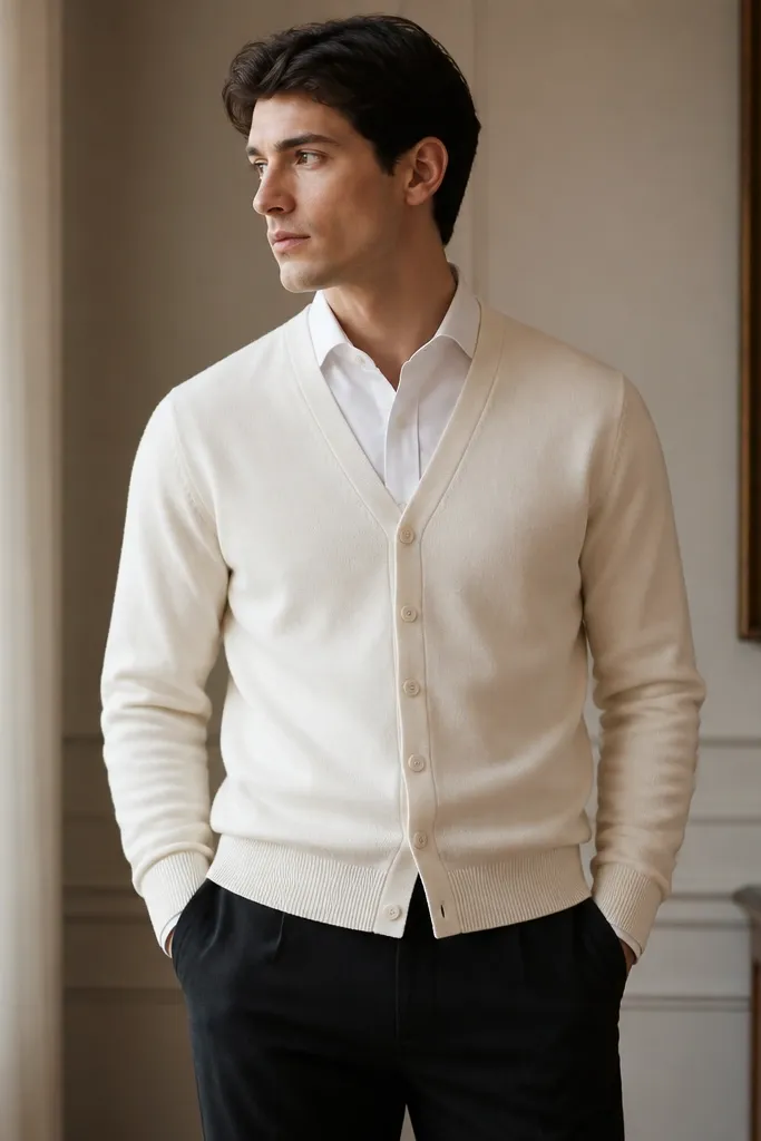 A formal comfort look: white dress shirt buttoned neatly, cream cardigan worn over it, and tailored dark trousers. The cardigan hem sits smoothly and the shirt collar is still visible.