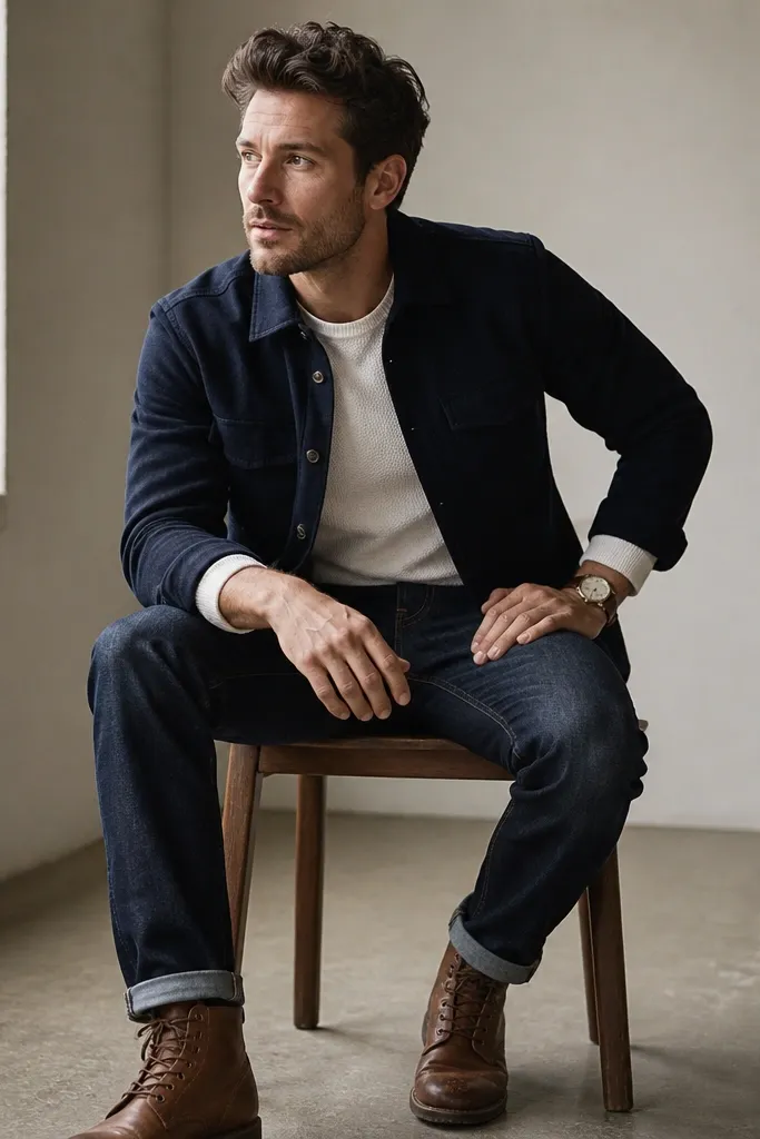 A man in a navy brushed overshirt layered over a white thermal. Dark indigo jeans, brown leather boots, and a simple watch. The thermal texture is visible at the collar and cuffs.