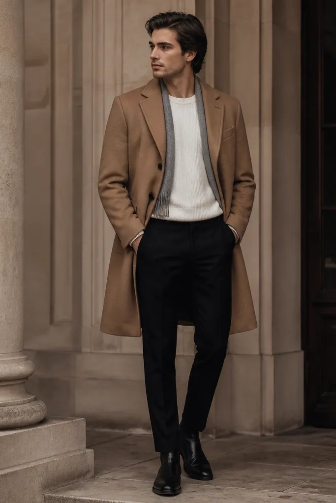 A man with a camel wool overcoat over a white thermal shirt, paired with black tailored trousers. Chelsea boots, minimal scarf in gray. The coat collar sits neatly and the white stays bright at the chest.