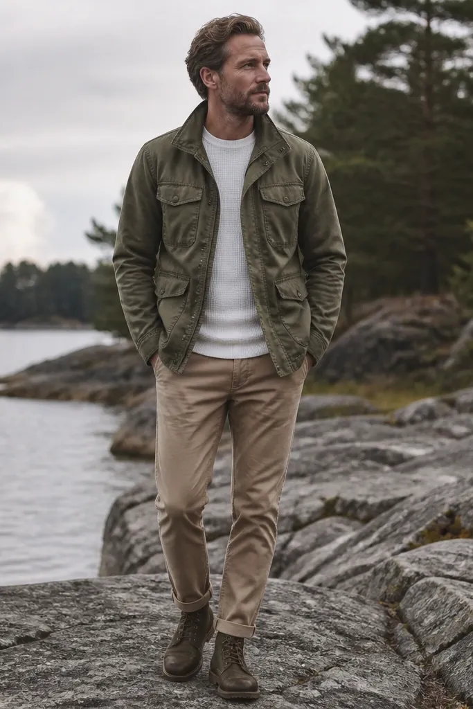 A man wearing an olive field jacket over a white thermal. Tan chinos and olive or brown lace-up boots. The white thermal peeks at the collar and slightly at the hem.