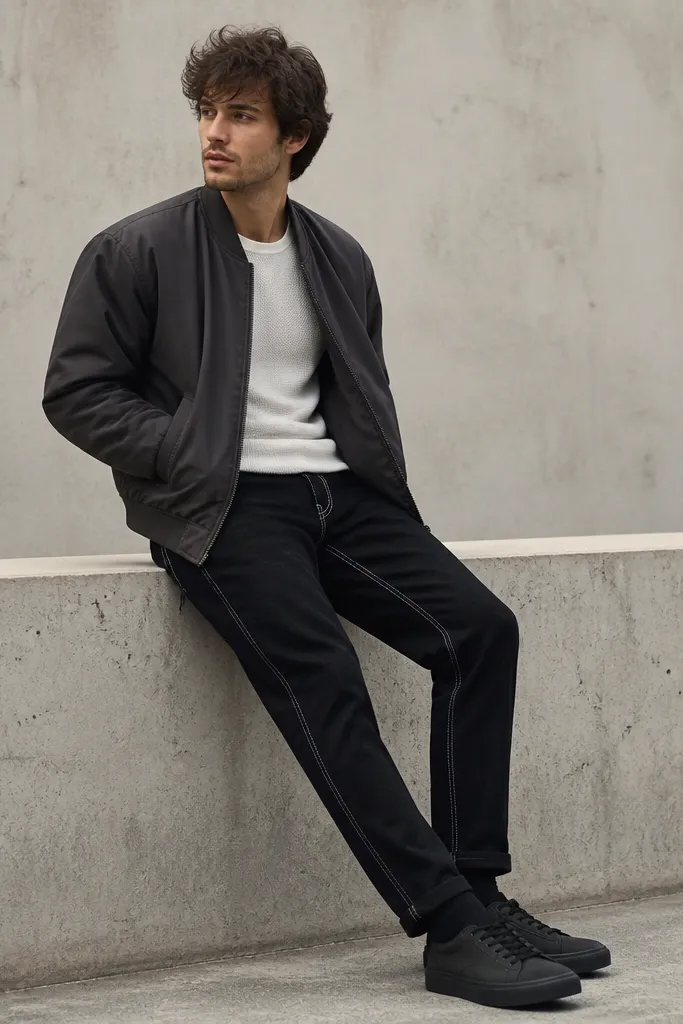 A charcoal bomber jacket over a white thermal shirt. Black denim with a slim taper and white stitching detail. Dark sneakers. The thermal texture shows clearly at the neckline.