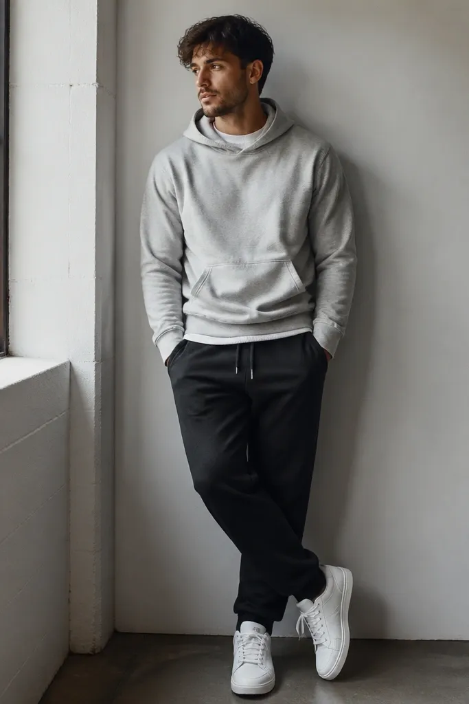 A man layered with a light gray hoodie over a white thermal, paired with dark sweatpants and clean white sneakers. The thermal collar peeks out under the hoodie neckline.