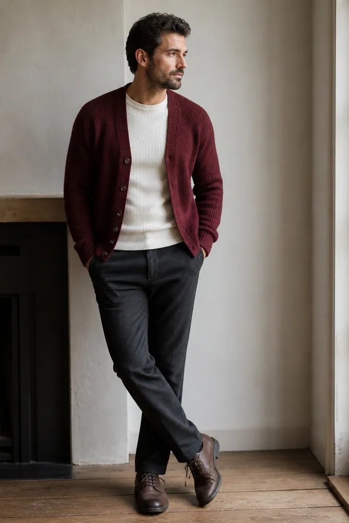 A man wearing a burgundy knit cardigan over a white thermal shirt. Dark charcoal chinos and brown leather shoes. The cardigan buttons are open, showing the thermal texture.