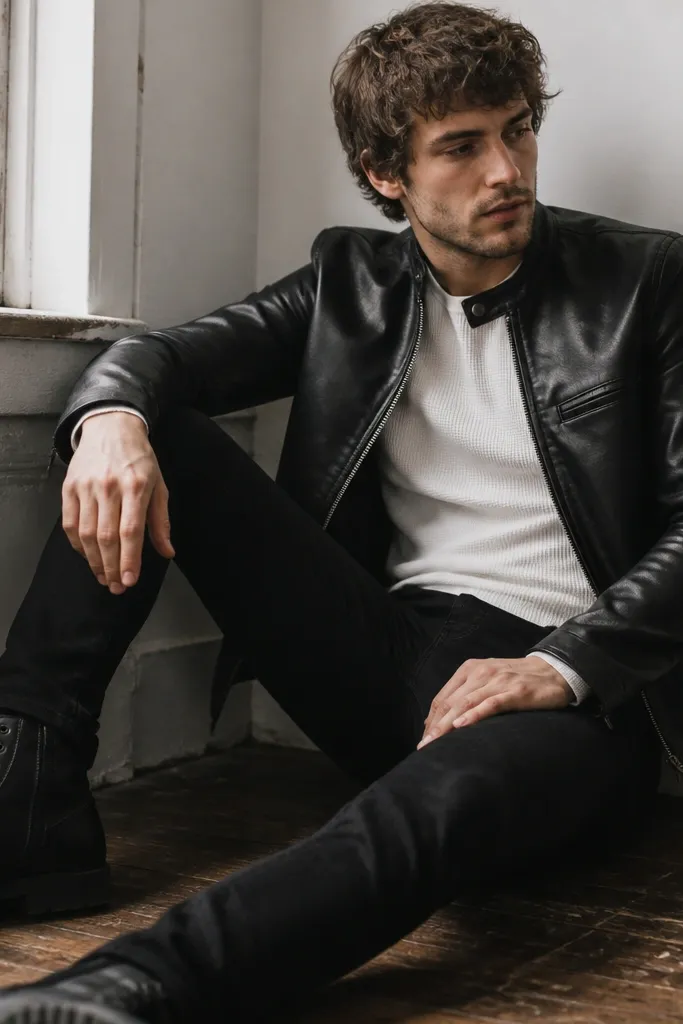 A man in a black leather jacket layered over a white thermal. Slim black jeans and black boots. The leather reflects light slightly, but the thermal stays bright.