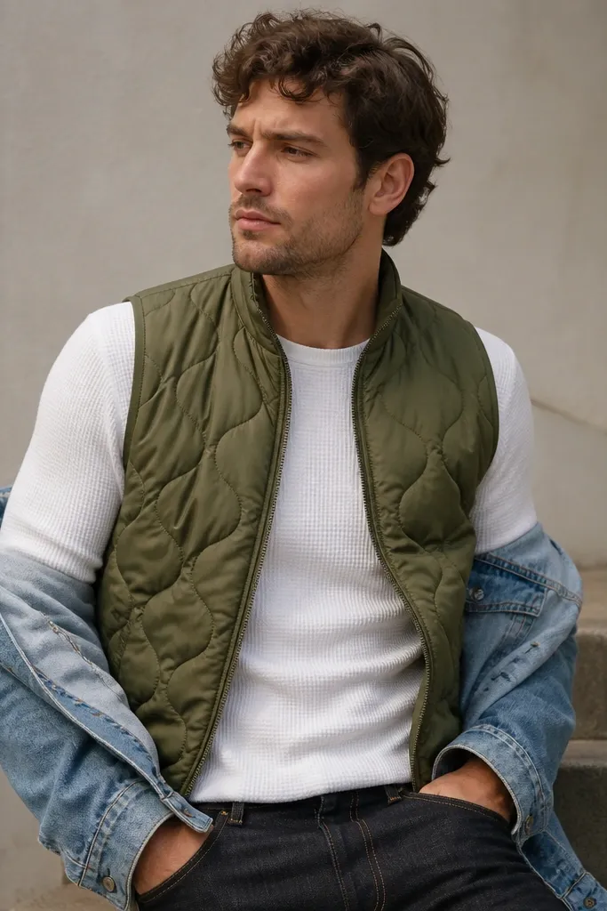 A man wearing a green quilted vest over a white thermal, with a light blue denim jacket hanging from the arms or partially shown at the shoulders. Dark jeans. The vest is centered and the thermal is bright.