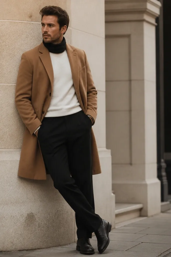 A man in a camel overcoat with a white thermal shirt. A black scarf is wrapped like a short turtleneck at the neck. Black trousers and dark shoes complete the look.