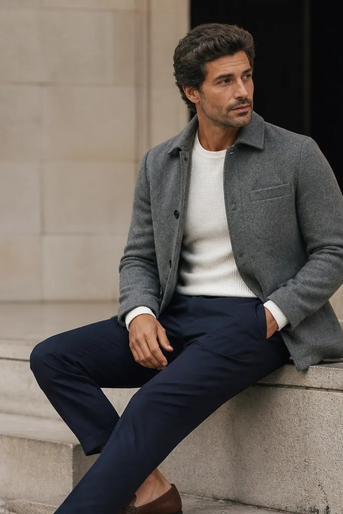 A man wearing a mid-gray wool jacket over a white thermal. Navy chinos and brown loafers. The thermal knit shows at the neckline and cuffs.