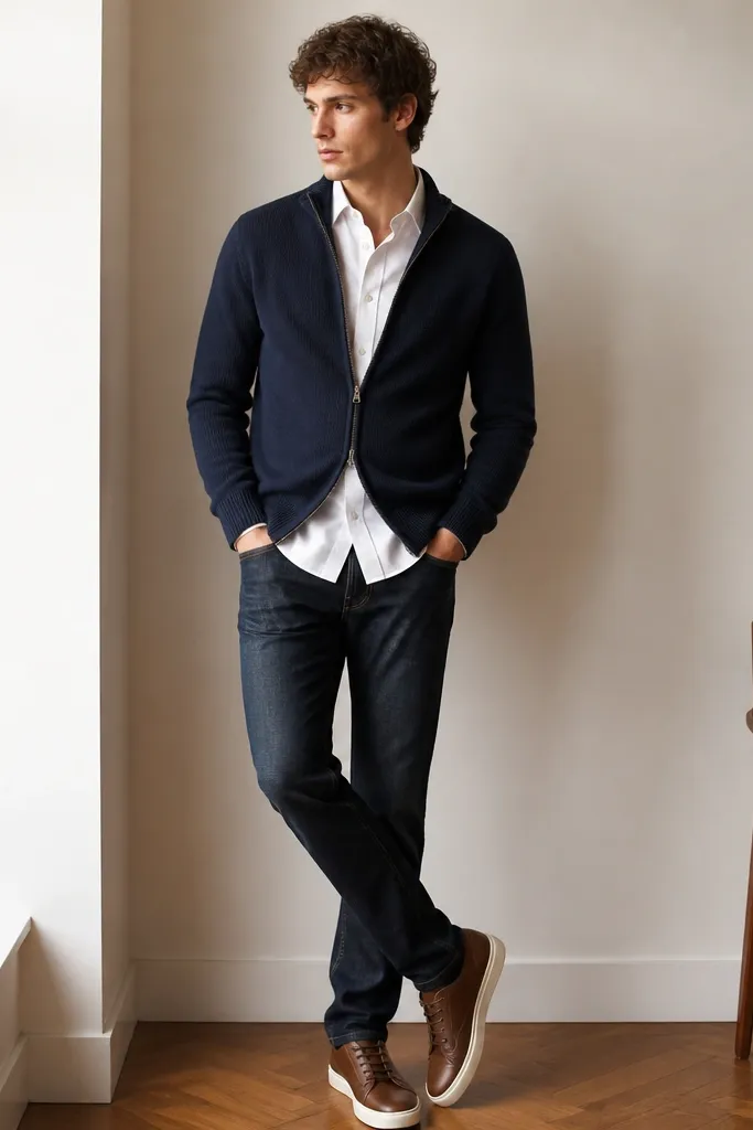 A model wearing a navy zip-up cardigan over a crisp white button-up Oxford shirt, dark indigo jeans, and brown leather sneakers; the cardigan is unzipped halfway showing the shirt placket.