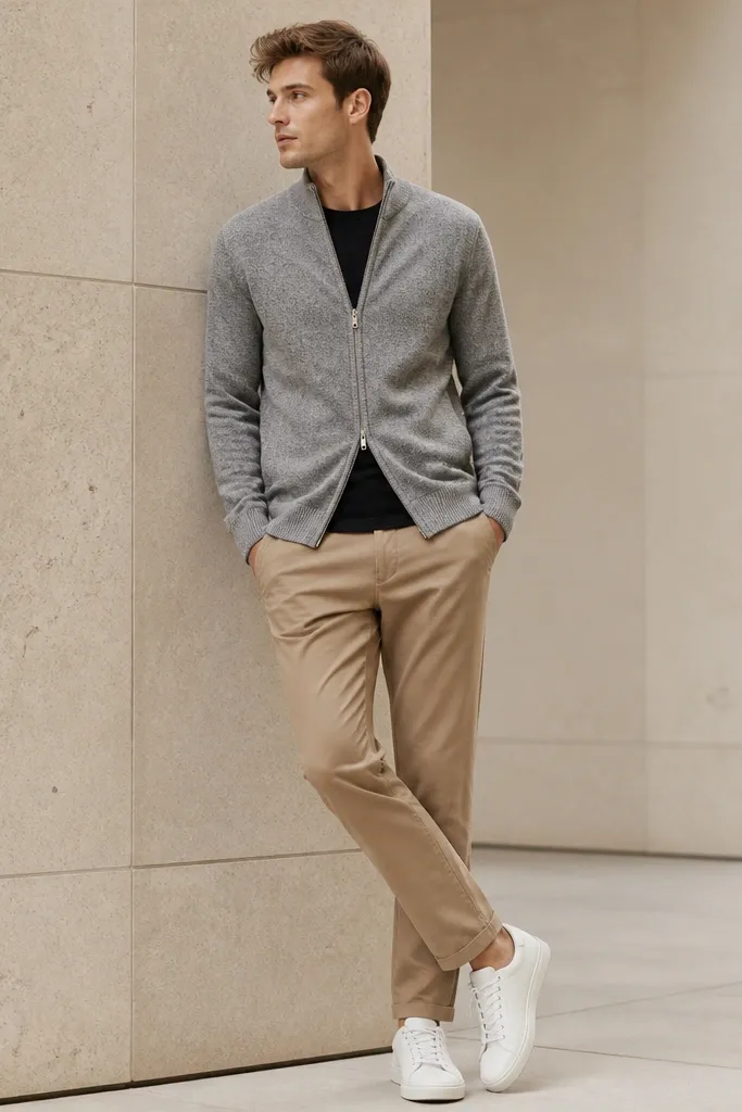 A heather gray zip-up cardigan worn over a black crewneck t-shirt, paired with tan chinos and clean white low-top sneakers; the cardigan is zipped at the top and slightly open at the hem.