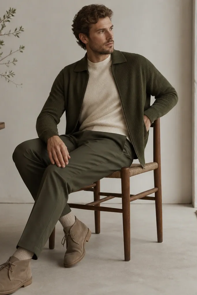 An olive green zip-up cardigan over a cream ribbed t-shirt, paired with olive trousers and suede desert boots; the cardigan collar sits neatly and the zipper teeth are dark.