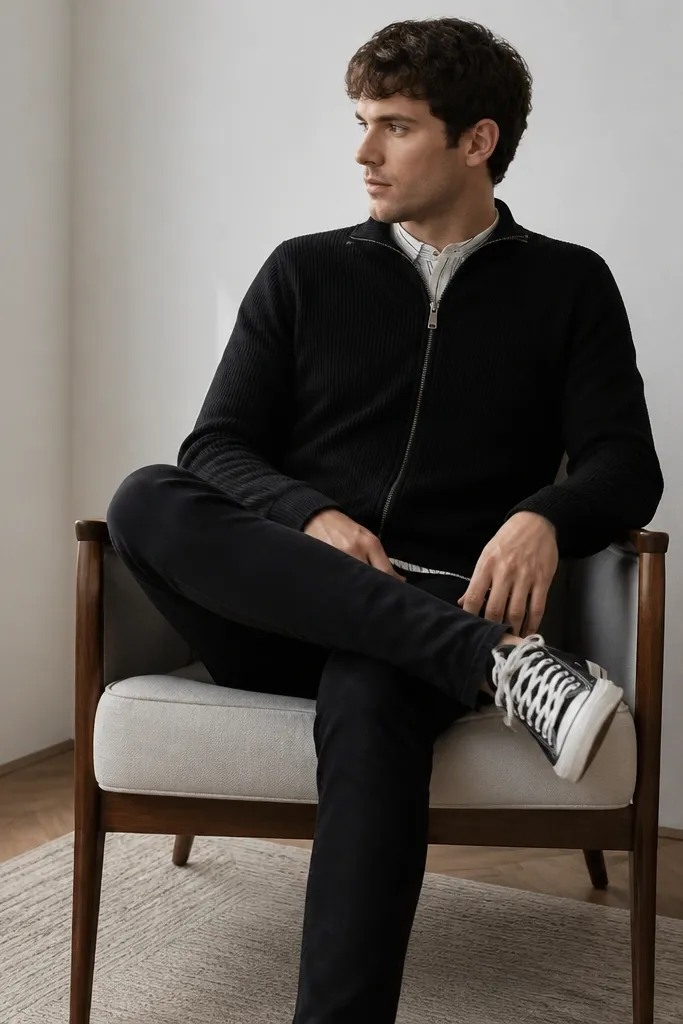 A black zip-up cardigan worn over a white tee with thin black vertical stripes, styled with black slim jeans and black-and-white sneakers; the cardigan is fully zipped with the stripes peeking out at the collar.