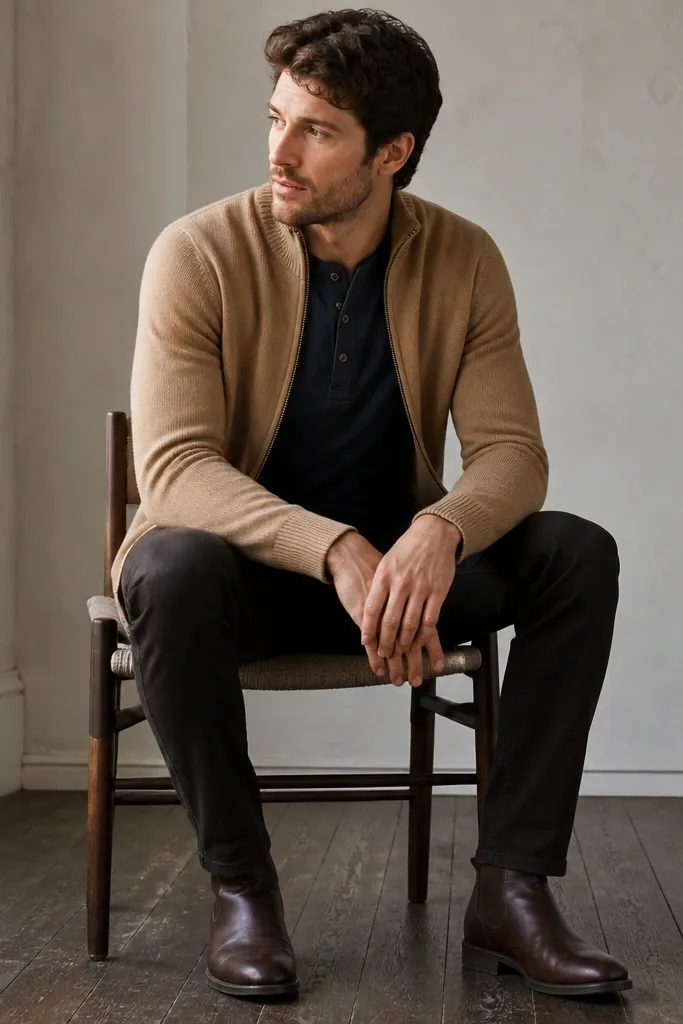 A camel zip-up cardigan over a navy henley shirt, paired with dark brown leather boots and dark trousers; the henley buttons show under the open cardigan.