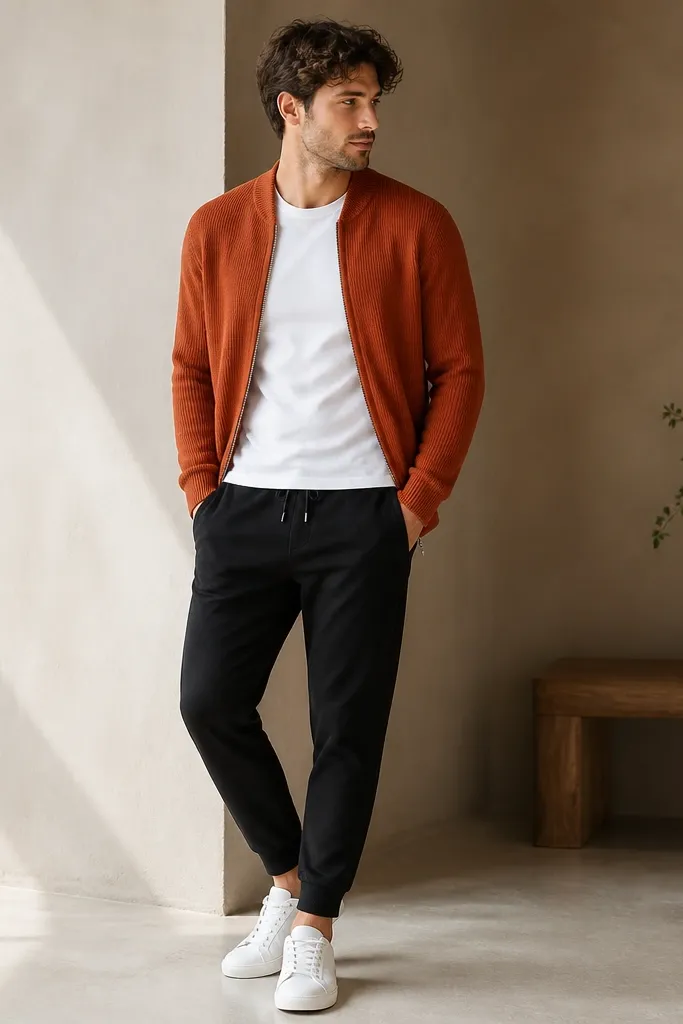 A rust-orange zip-up cardigan over a plain white t-shirt, styled with black tapered joggers and clean white sneakers; the cardigan is unzipped and drapes softly.
