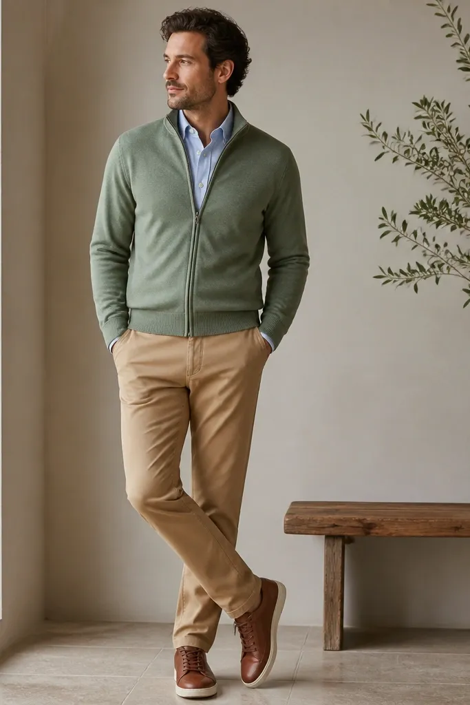 A sage green zip-up cardigan over a light blue button-up Oxford shirt, paired with tan chinos and brown leather sneakers; the cardigan hem sits at the belt line.