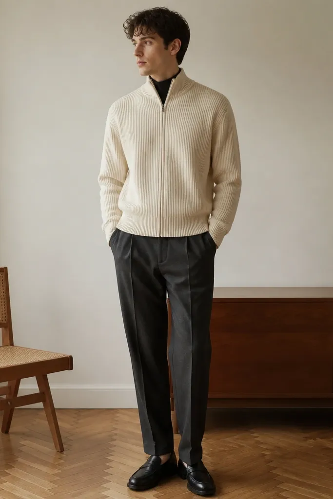 A cream zip-up cardigan worn over a black turtleneck-style tee, paired with charcoal trousers and black leather loafers; the cardigan is zipped up to the neck.