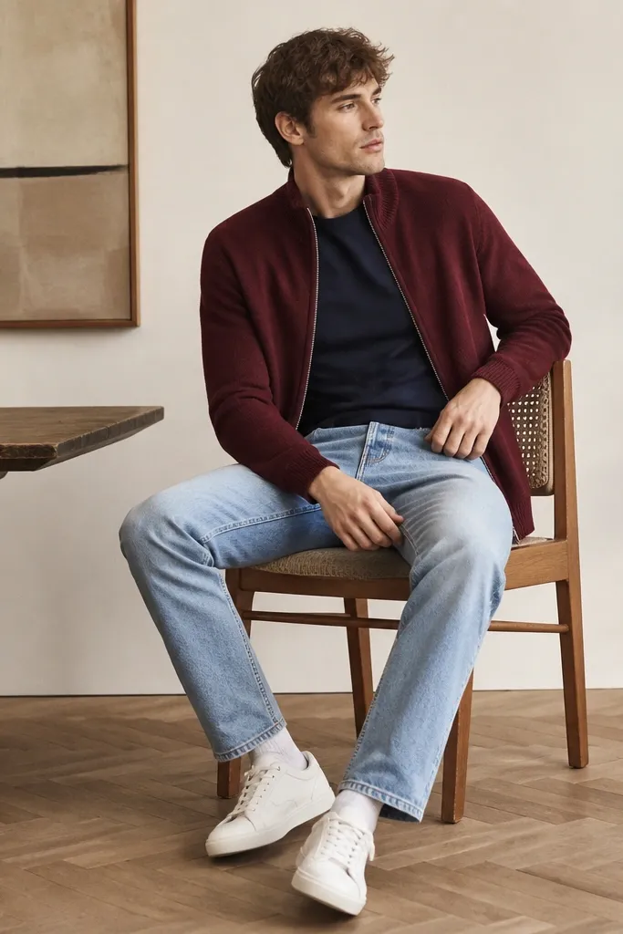 A burgundy zip-up cardigan over a navy t-shirt, with light wash straight jeans and white sneakers; the cardigan is worn open with the tee neckline visible.