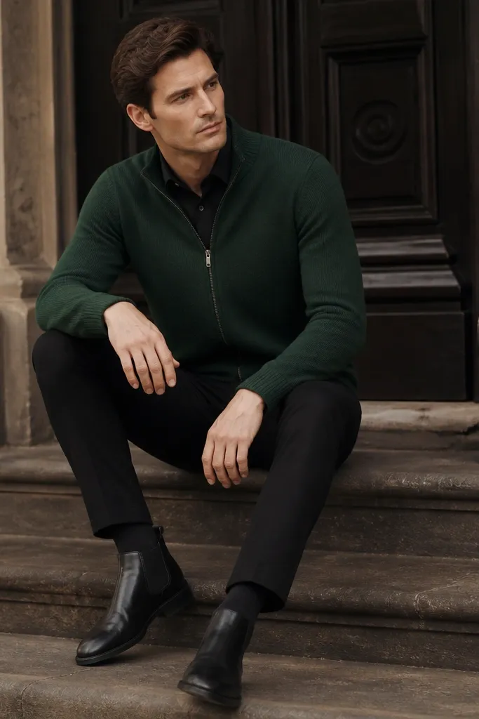A forest green zip-up cardigan worn over a black button-up shirt, paired with black Chelsea boots; the cardigan is zipped, and the shirt collar is visible.