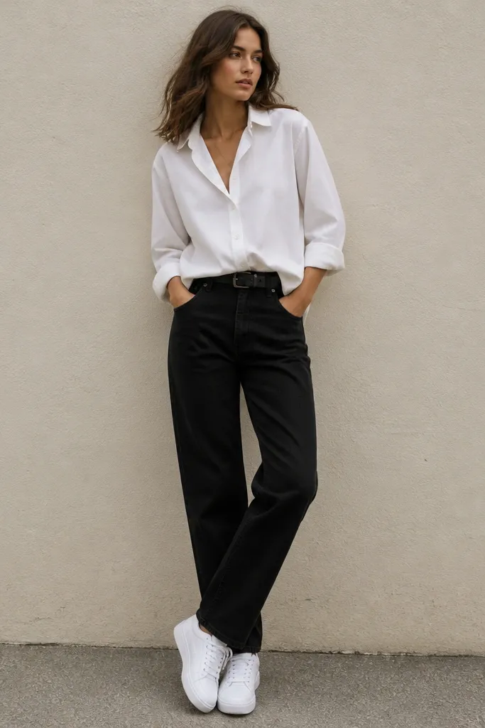 A model wearing a loose white button-up with sleeves rolled once, paired with black straight-leg jeans and thick white sneakers; the shirt is half-tucked at the front and the belt is black.