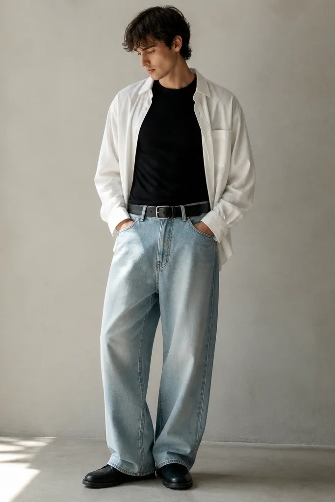 A loose white shirt hangs open over a fitted black T-shirt; the wearer wears light-wash baggy trousers and black leather belt; shoes are dark and simple.