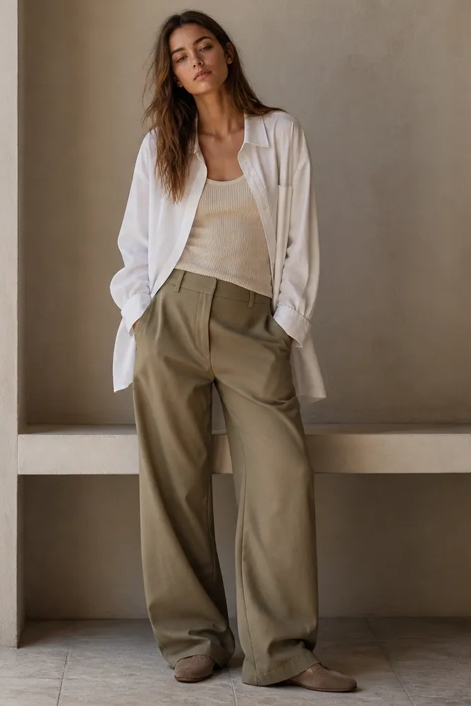A white oversized button-up is worn half-buttoned over an ecru knit tank; wide-leg khaki pants drape to the ground with a soft break; sandals or suede shoes sit low.