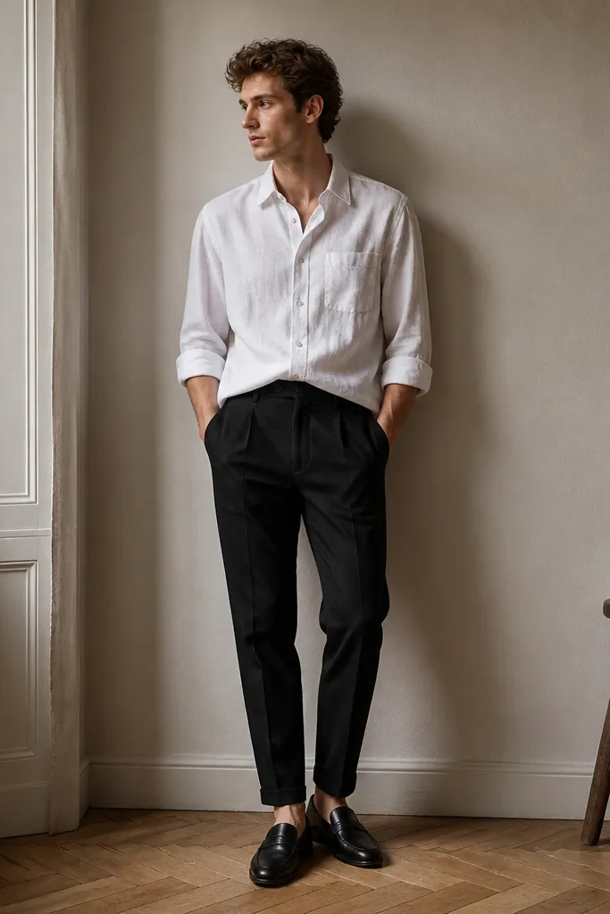 A baggy white shirt with sleeves rolled neatly sits over black tapered chinos; black loafers are visible; the shirt is tucked at the front with a slight diagonal fold.