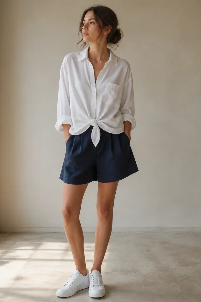 A loose white button-up is knotted at the front hem over navy wide shorts; the shirt hangs loosely around the knot; white sneakers sit under the hem.