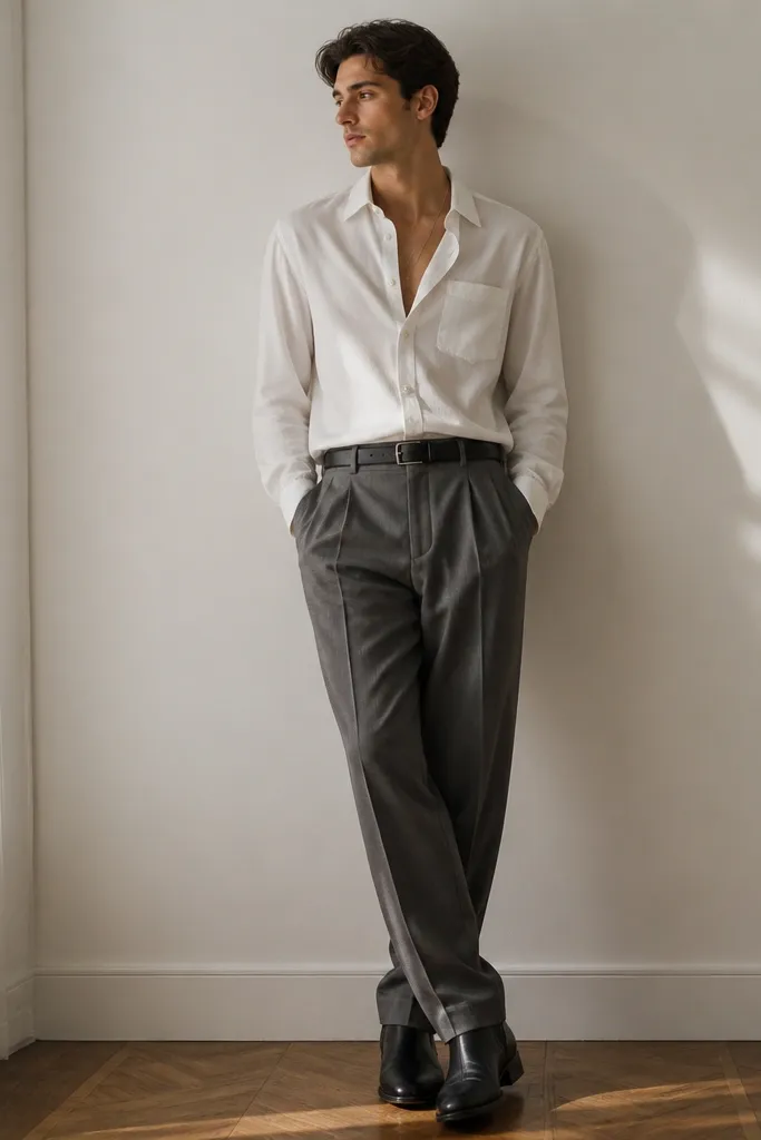 A roomy white button-up is worn slightly open with sleeves down; gray pleated trousers fall into black leather boots; a black belt is visible.
