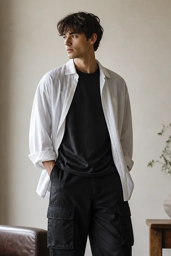 A loose white shirt is worn like an overshirt over a dark tee; black cargo pants show large pockets; the shirt is unbuttoned with a casual hang.