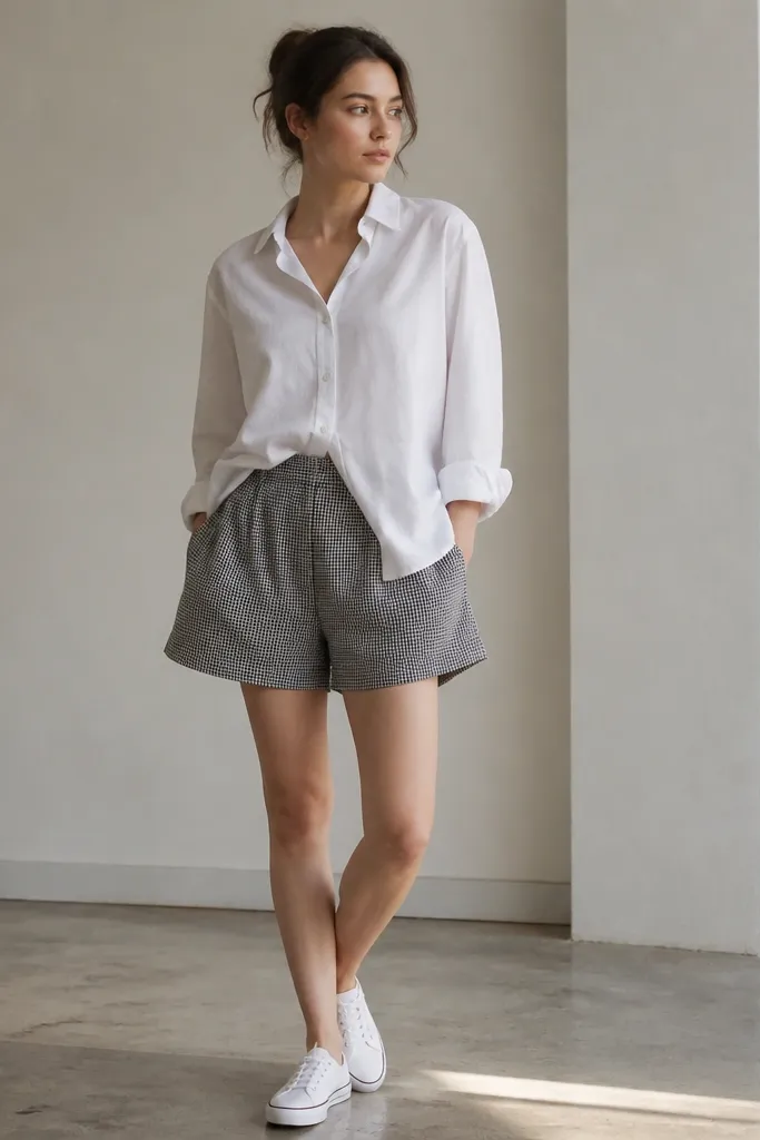 A baggy white button-up is worn half-tucked over small check patterned shorts; the sneakers are white canvas with low profile.