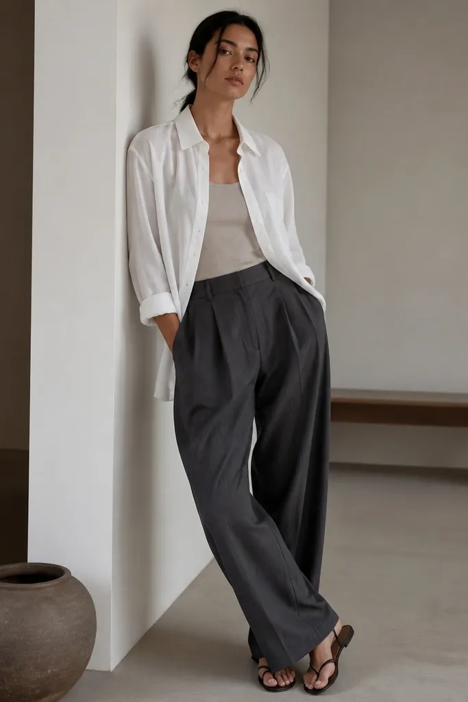 A loose white shirt is worn open over a neutral base; charcoal pleated trousers are wide and drape; minimalist sandals show at the ankles.