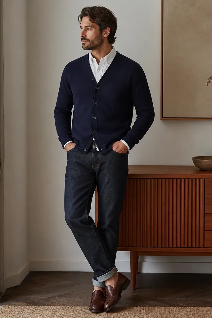 A man wearing a navy crew-button cardigan over a crisp white oxford shirt, paired with dark indigo selvedge jeans and brown leather loafers. The cardigan sits at mid-hip with clean cuffs; the shirt collar is visible and flat.
