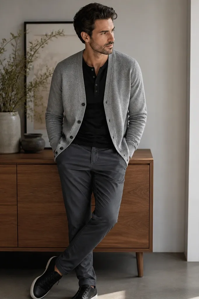 A man in a heather gray cardigan layered over a black henley, paired with charcoal chinos and black low-profile sneakers. The cardigan is unbuttoned at the top, showing a clean henley placket.