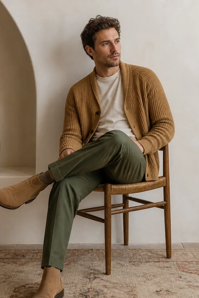 A man wearing a camel-brown cardigan over a cream crewneck tee, with olive green trousers and tan suede boots. The cardigan has visible knit texture and a slightly relaxed drape.