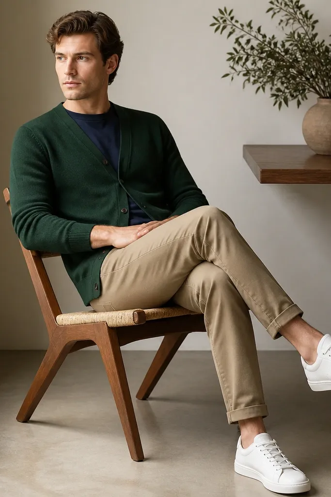 A man wearing a forest green cardigan buttoned halfway over a navy T-shirt, paired with khaki chinos and white leather sneakers. The cardigan cuffs and hem sit straight, not twisted.