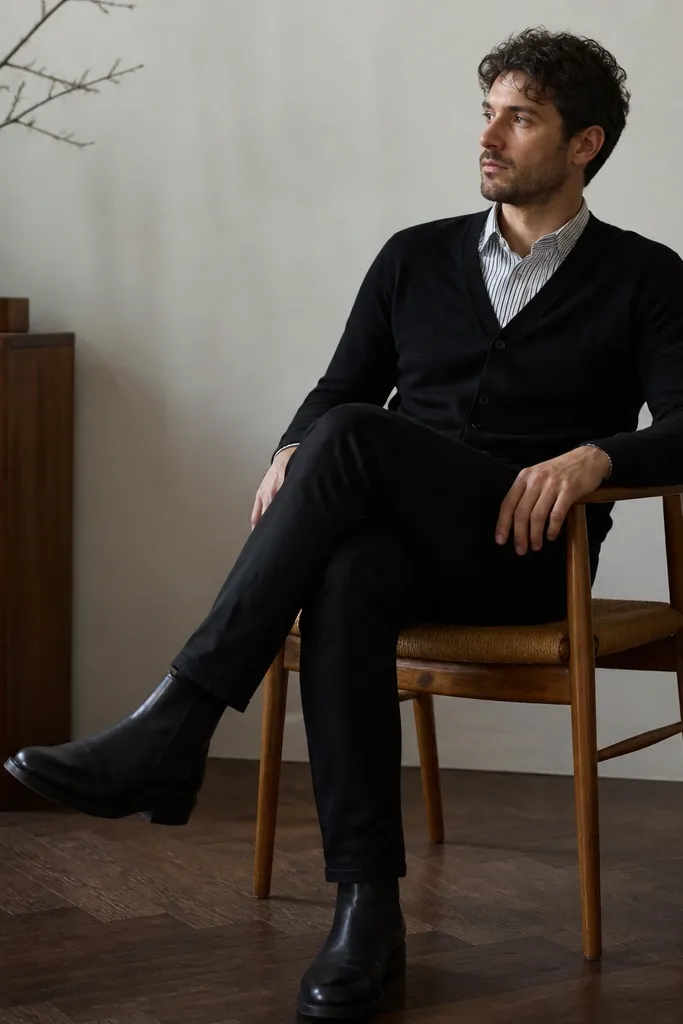 A man in a black cardigan over a white shirt with thin black stripes. The shirt collar peeks out neatly, and slim black jeans are worn with black leather Chelsea boots.