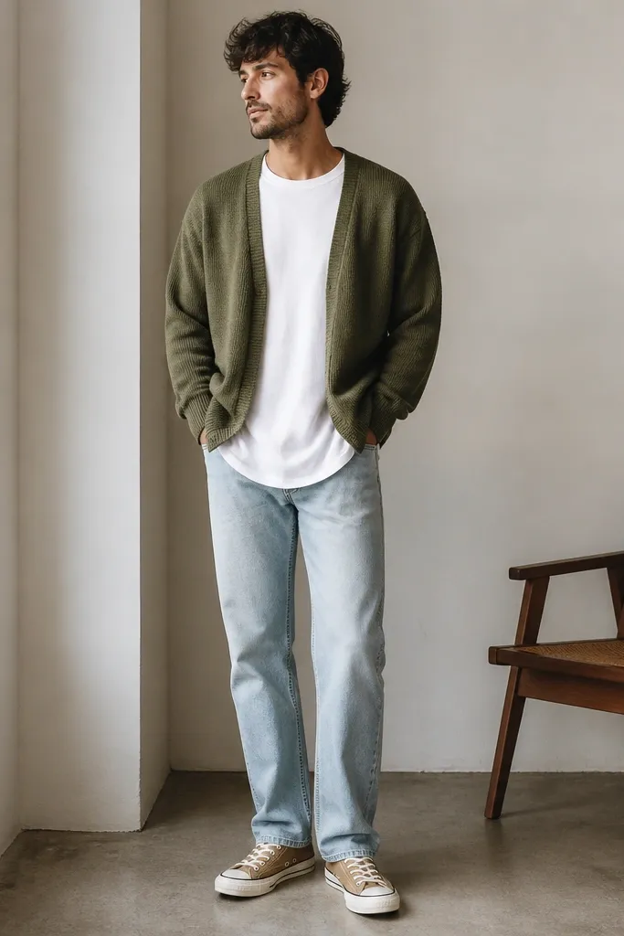 A man wearing an olive cardigan over a white longline tee, with light wash straight jeans and tan canvas sneakers. The cardigan is unbuttoned and the tee extends slightly past the cardigan hem.