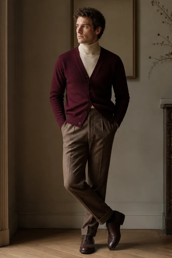 A man in a burgundy cardigan layered over an oatmeal turtleneck, with brown wool trousers and dark brown leather lace-up shoes. The turtleneck is snug and fully visible at the neck.