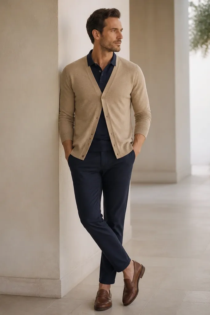 A man wearing a sand-colored cardigan over a navy polo shirt, with navy chinos and brown leather loafers. The polo collar is visible and the cardigan is buttoned at the top button only.