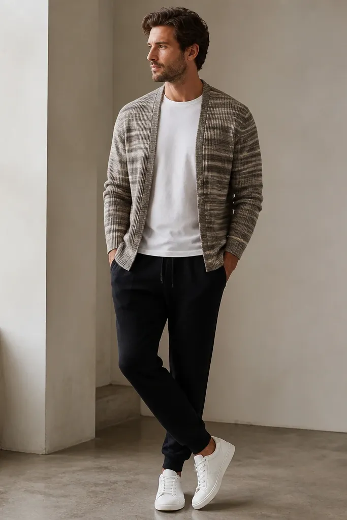 A man wearing a cardigan with subtle horizontal stripes over a plain solid tee, paired with black joggers and white sneakers. The cardigan is open and the tee shows clearly.
