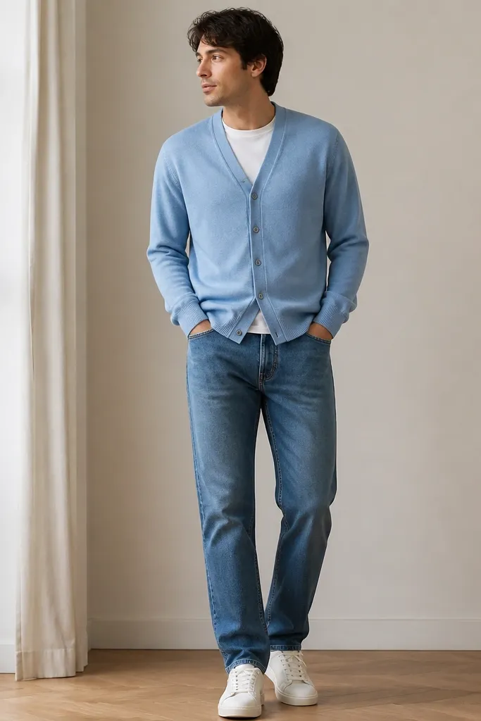 A man wearing a light blue cardigan over a white T-shirt, with medium-wash straight denim and clean white sneakers. The cardigan is buttoned and the hem hits mid-hip.