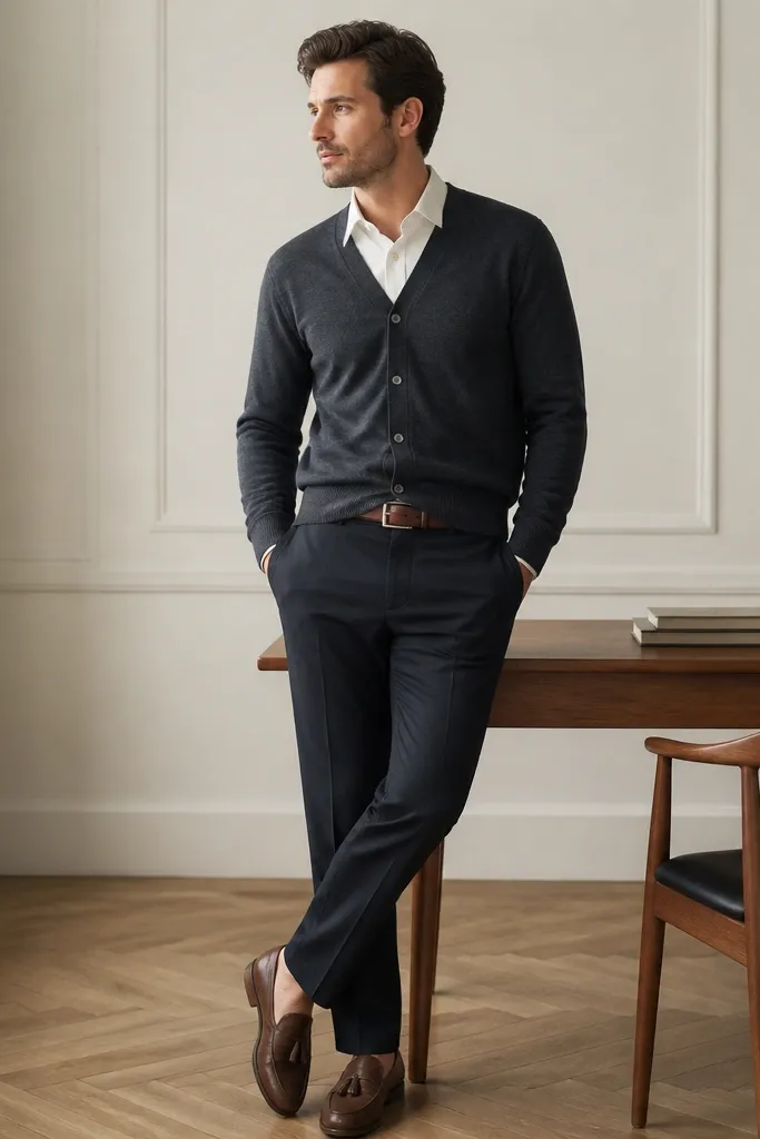 A man wearing a charcoal cardigan over a white dress shirt, with a brown leather belt and tassel loafers. The cardigan is buttoned, and the shirt collar peeks out with a neat fold.