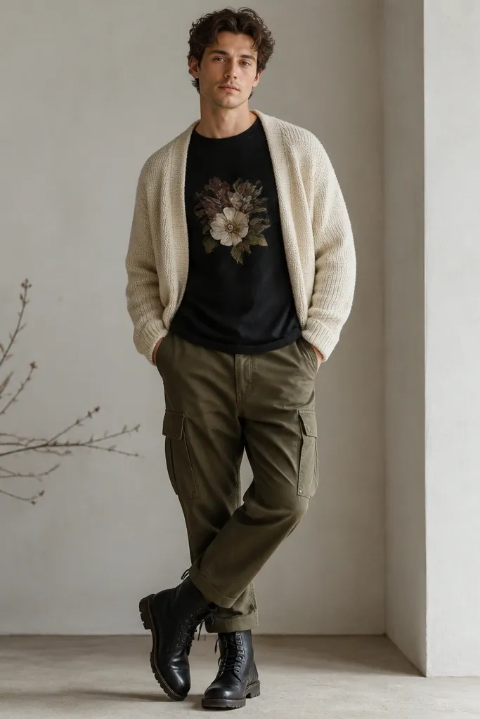 A man wearing a cream cardigan over a black graphic T-shirt, paired with olive cargo pants and black boots. The cardigan is open and the graphic is centered at chest level.