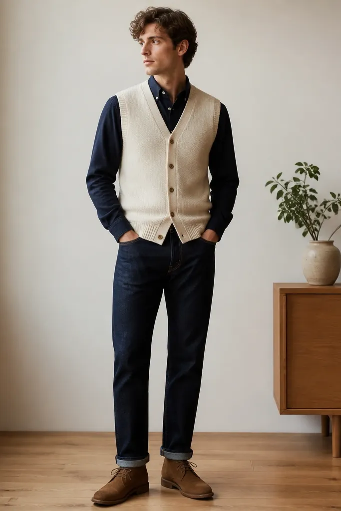 A cream cardigan vest worn over a navy button-down shirt with sleeves visible at the cuffs. The vest has a V-neck and ribbed edges. The pants are dark indigo jeans with a straight cut, and the shoes are brown leather desert boots.