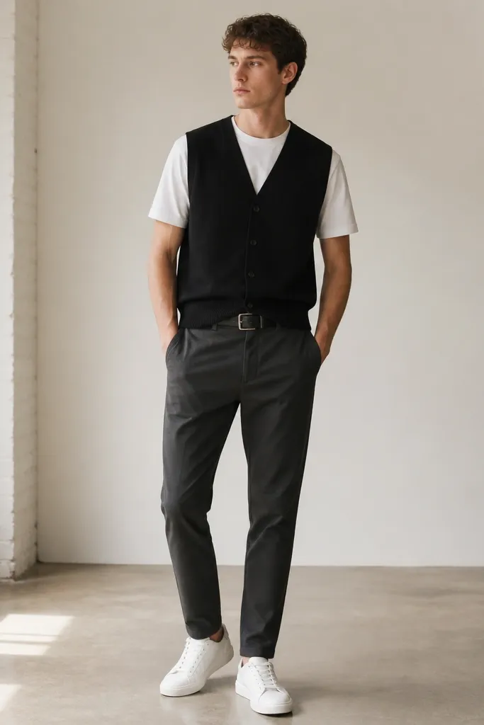 A black cardigan vest layered over a plain white crewneck tee. The pants are charcoal chinos with a tapered leg. A simple black leather belt and clean white sneakers sit underneath.