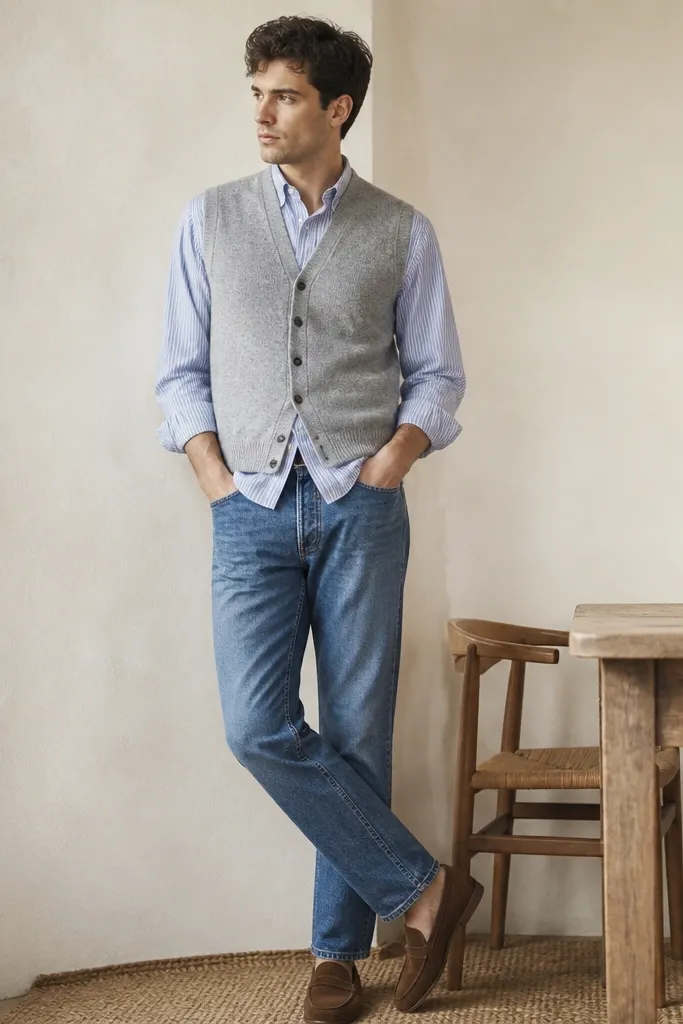 A heather gray cardigan vest over a blue-and-white striped button-down. The stripes are thin and evenly spaced. The pants are medium-wash denim, and the shoes are brown suede loafers.