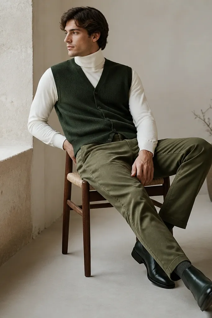 A forest green cardigan vest worn over a white turtleneck sweater. The trousers are olive with a straight leg. The shoes are dark green or black leather boots.