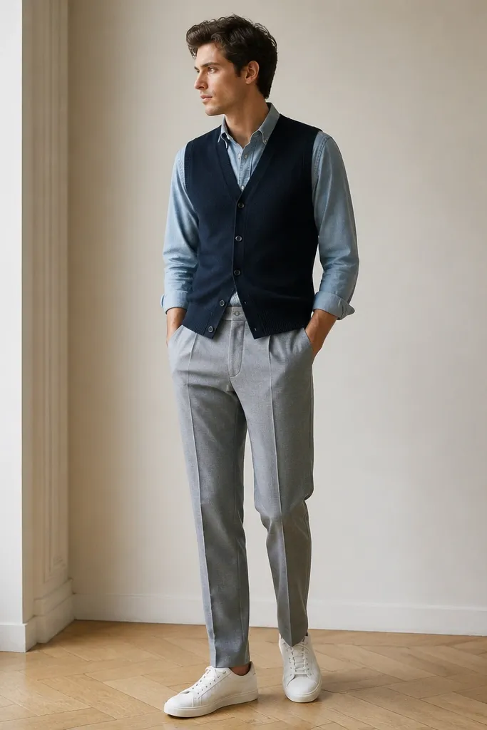 A navy cardigan vest over a chambray shirt with the collar visible. The trousers are light gray and slightly pleated. The shoes are white leather low-top sneakers or minimal trainers.