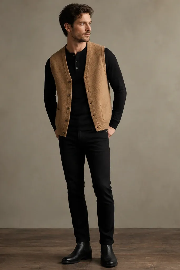 A camel cardigan vest over a black henley shirt. The henley has three buttons and a slightly ribbed collar. The pants are slim black jeans, and the shoes are black leather Chelsea boots.