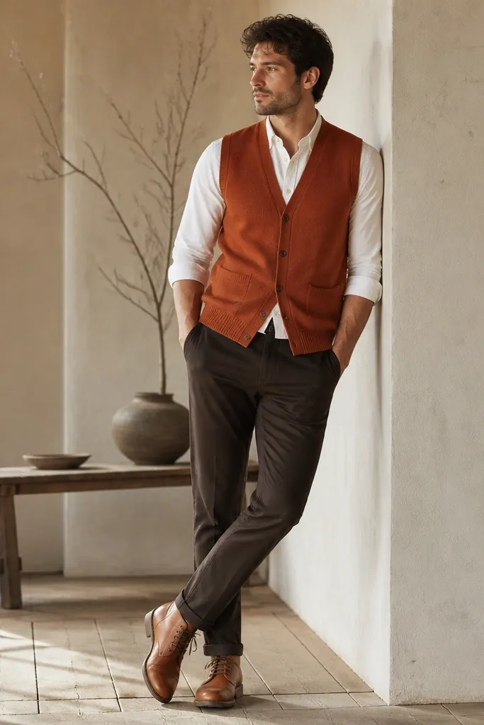 A rust-orange cardigan vest worn over a white button-down shirt. The chinos are dark brown with a tapered leg. The shoes are tan leather lace-up boots.